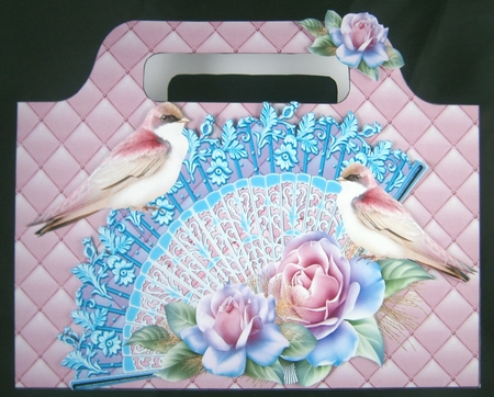 pink quilted tote gift bag with lace fan roses and birds by Linda Short