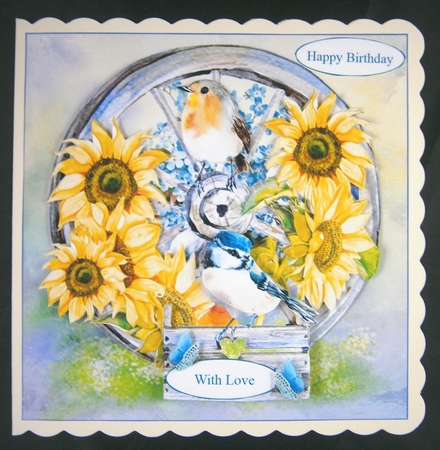 Wagon Wheel Sunflowers Topper with Bird Decoupage by Linda Short