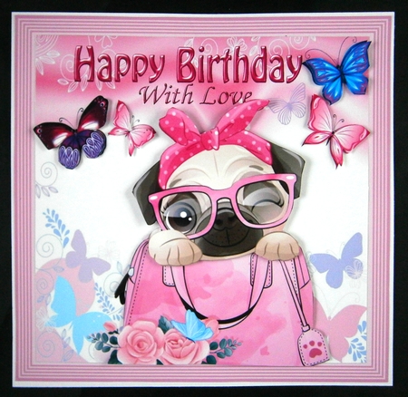 Cute pug in handbag with butterflies 8x8 by Linda Short