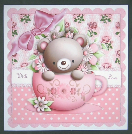 Floral teacup with teddy bear and pink bow  8x8 by Linda Short