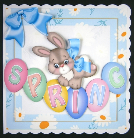 Cute spring bunny with daisies and blue bow 8x8 by Linda Short