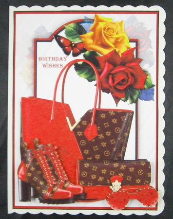 Beautiful Red and Brown Fashion Card front with decoupage Approx 5x7 by Linda Short