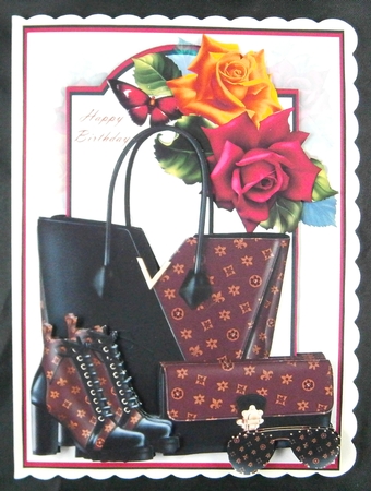 Beautiful Black and Brown Fashion Card front with decoupage Approx 5x7 by Linda Short