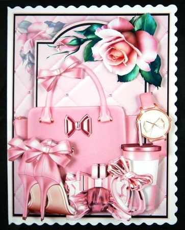 Beautiful Pink and Gold Fashion Card front with decoupage Approx 5x7 by Linda Short