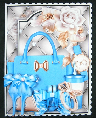 Beautiful Blue and Gold Fashion Card front with decoupage Approx 5x7 by Linda Short