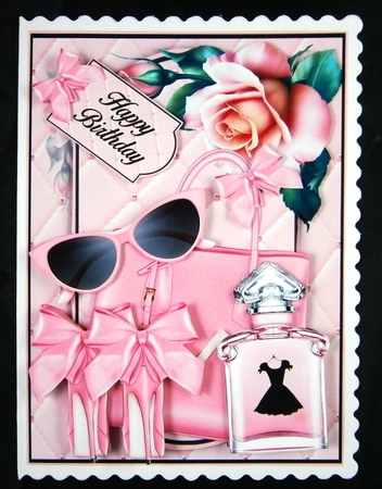 Beautiful Pink and Black Fashion Card front with decoupage Approx 5x7 by Linda Short