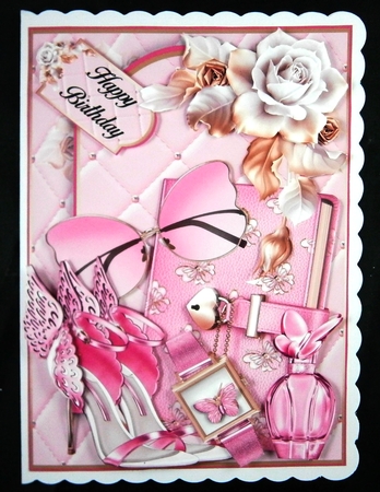 Beautiful Pink and Gold Fashion Card front with decoupage Approx 5x7 by Linda Short