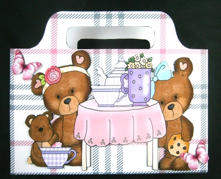 Teddy bear party with pink butterflies check tote gift bag by Linda Short