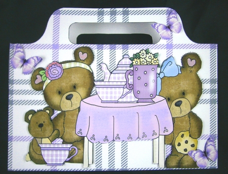 Teddy bear party with purple butterflies check tote gift bag by Linda Short