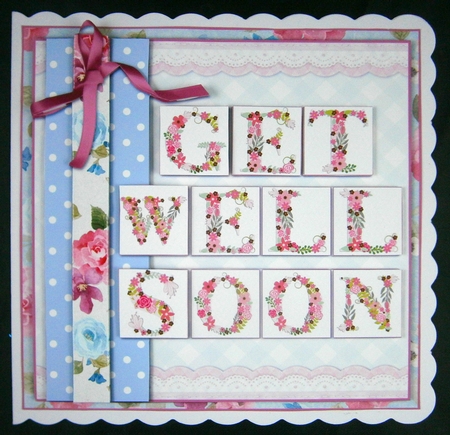 Pink Floral Get Well Soon 7.5 Inch Card Front & Insert by Linda Short