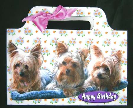 Cute trio of yorkie terriers on floral gift tote bag by Linda Short