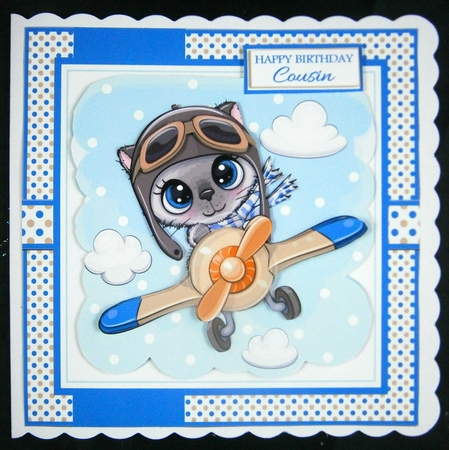 6x6 Kitten flying plane Card Front with Topper, Gift Tag & Sentiments  by Linda Short