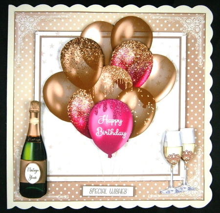 Birthday Gold & Pink Balloons 7x7ins Decoupage Topper  by Linda Short