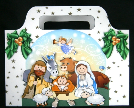 Lovely nativity scene with green bows and stars tote gift bag by Linda Short