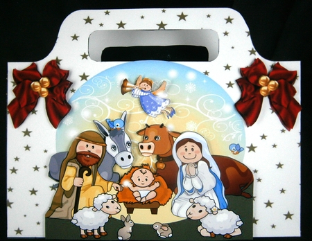 Lovely nativity scene with red bows and stars tote gift bag by Linda Short