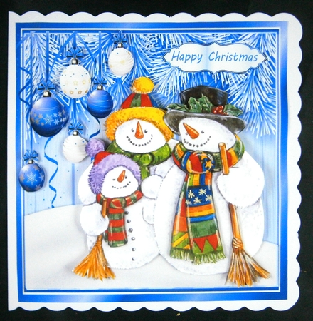 Lovely Snowmen family with  blue baubles snow 8x8 by Linda Short