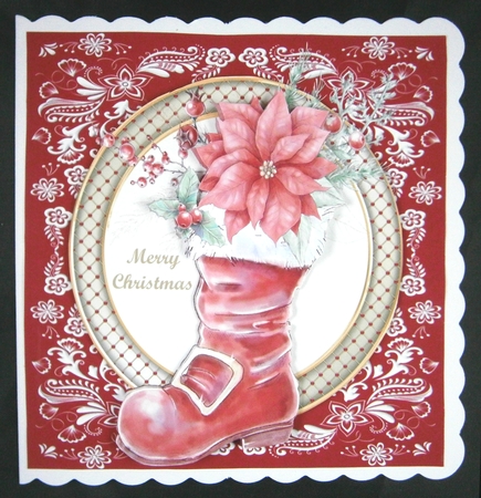 3 Red floral Santa boot card front/toppers by Linda Short