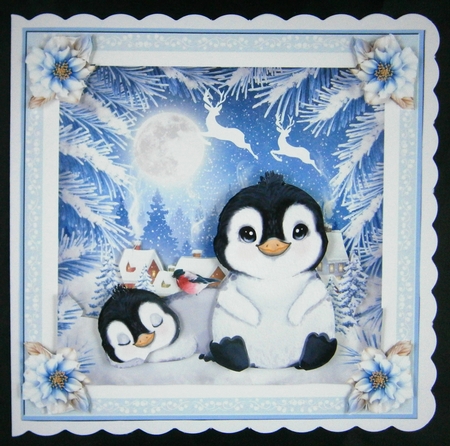 Christmas Penguins 7x7ins Decoupage Topper 1 by Linda Short