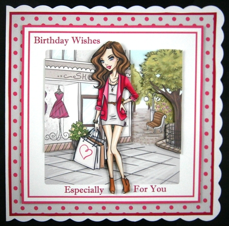 8x8 Shopping Girl Card Front, Gift Tag & Sentiments  by Linda Short