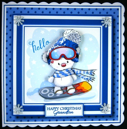 7x7 Snowboarding Ted - Decoupage with sentiments by Linda Short