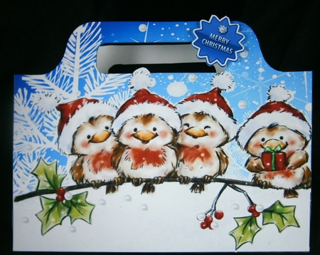 Cute robins in santa hats on a branch tote bag by Linda Short