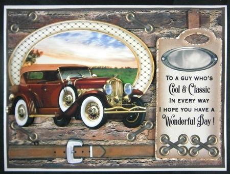 Classic car in oval card front 1 by Linda Short