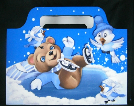 skating teddy on ice with birds tote gift bag  by Linda Short
