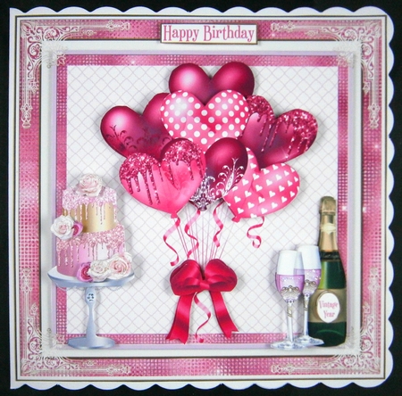 Pink Balloons, Champagne & Cake 7x7ins Decoupage diamond frame Topper 1 by Linda Short