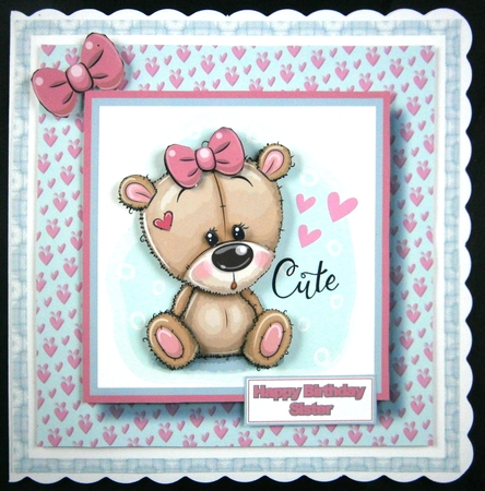 7X7 Sweet Pink Bear Card Front, Topper and Decoupage with Sentiments  by Linda Short