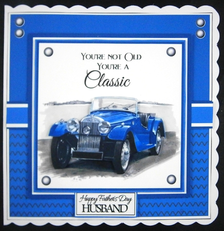 7x7 Blue Classic Car Card Front with sentiments  by Linda Short