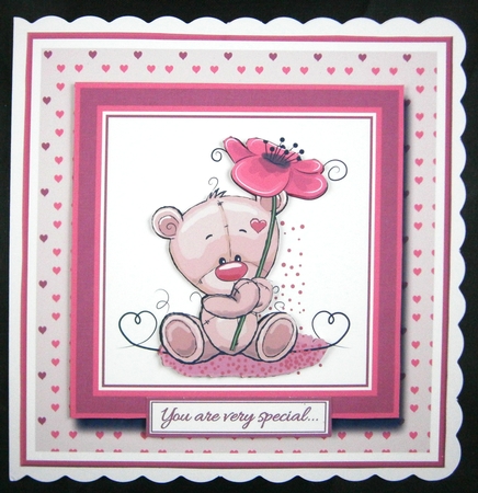 7x7 Teddy with Flowers Card Front, Gift Card & Sentiments  by Linda Short