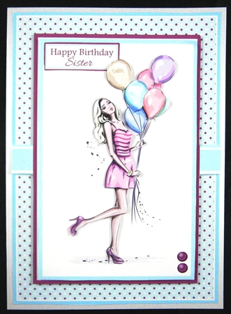 A5 Lady with Balloons 2 Card Front, Topper, Ribbon & Sentiments  by Linda Short