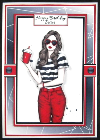 A5 Lady with Red Hearts Sunglasses Card Front Topper and sentiments  by Linda Short