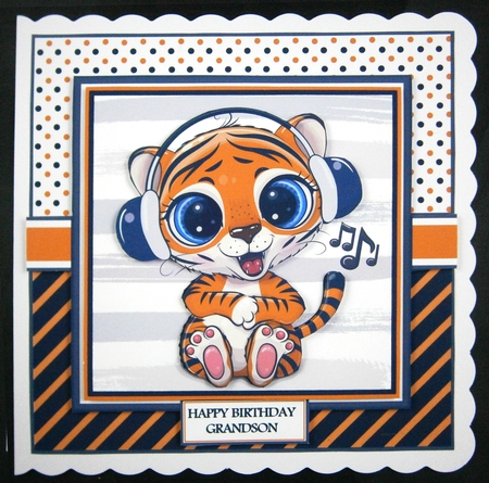 7x7 Tiger with Headphones Card Front, Tag & Sentiments  by Linda Short