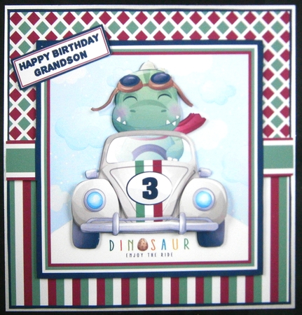 7X7 Enjoy the ride Dinosaur Card Front, Topper, Ribbon & Sentiments  by Linda Short