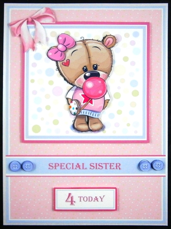 A5 Bubblegum Bessie Card Front, Topper, Decoupage Layer, Ribbon & Sentiments  by Linda Short