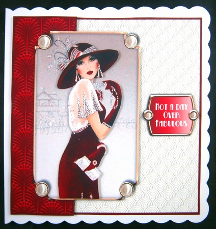 Female Art Deco lady with hat and pearls 6x6 card topper by Linda Short