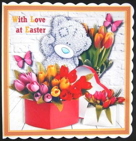 Tatty Teddy with Spring Tulips and Butterflies for Birthday or Mothers Day by Linda Short