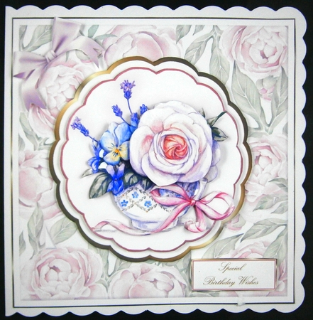 7x7 Pretty Pink Peonies Card Front with Scalloped Topper and decoupage with Sentiments  by Linda Short