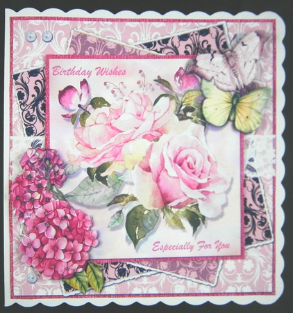 Pretty Pink 10: Roses and Hydrangeas 8 x 8 Card Front with Sentiments by Linda Short
