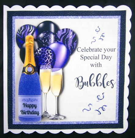 Blue Glitter bottle Champagne with matching balloons birthday card 6x6 topper  by Linda Short