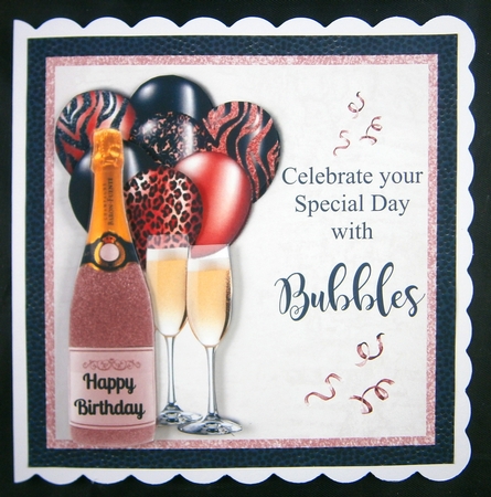Rose Glitter bottle Champagne with matching balloons birthday card 6x6 topper  by Linda Short