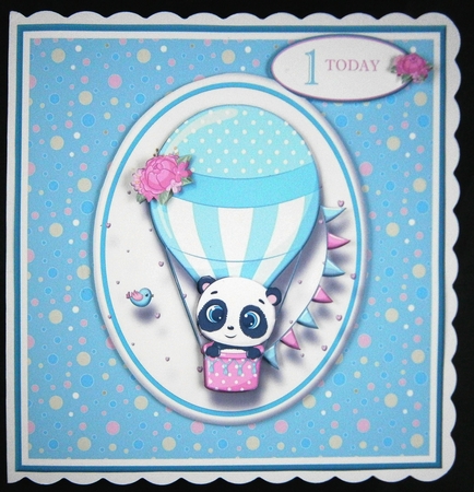 8x8 Panda flying high in his balloon Card Front, Gift Tag & Sentiments  by Linda Short