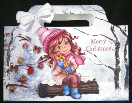 Little girl cuddling kitty in snow tote gift bag by Linda Short