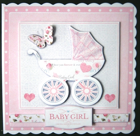 New Baby Girl Pram 3D Decoupage Card Front and Insert by Linda Short