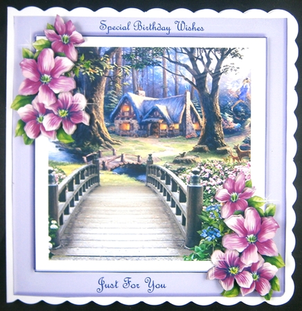 Pretty Country Cottage and bridge with lilac flowers 7x7 card front by Linda Short