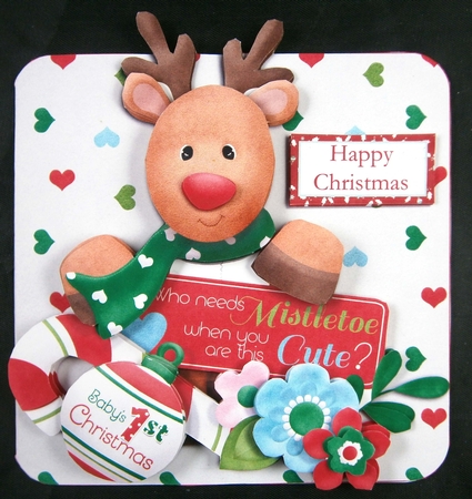 Cute Reindeer Babys 1st Christmas Rounded Corner 3D Decoupage Card by Linda Short