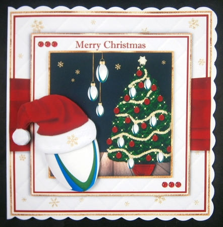 Christmas Rugby Ball with Santa Hat 7x7 inch by Linda Short