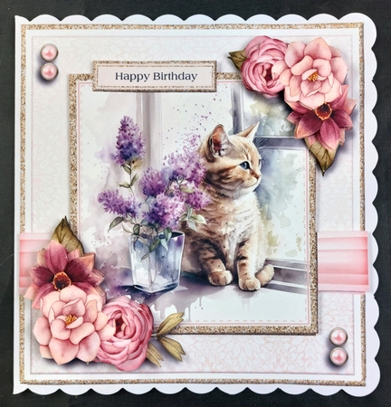 8x8 Cat looking out the window Mini Kit - Decoupage, & Pyramage - x5 A4 sheets  by Linda Short
