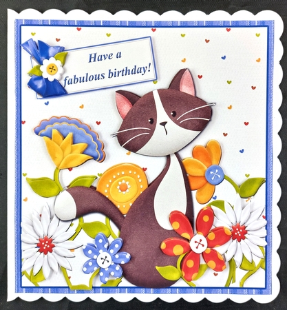 Cat Amongst the Flowers 7.5 Inch Card Front with Decoupage and Insert by Linda Short